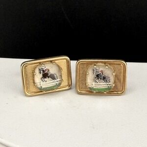 Vintage Hickok Cufflinks Gold tone Resin Horse Jockey Equestrian